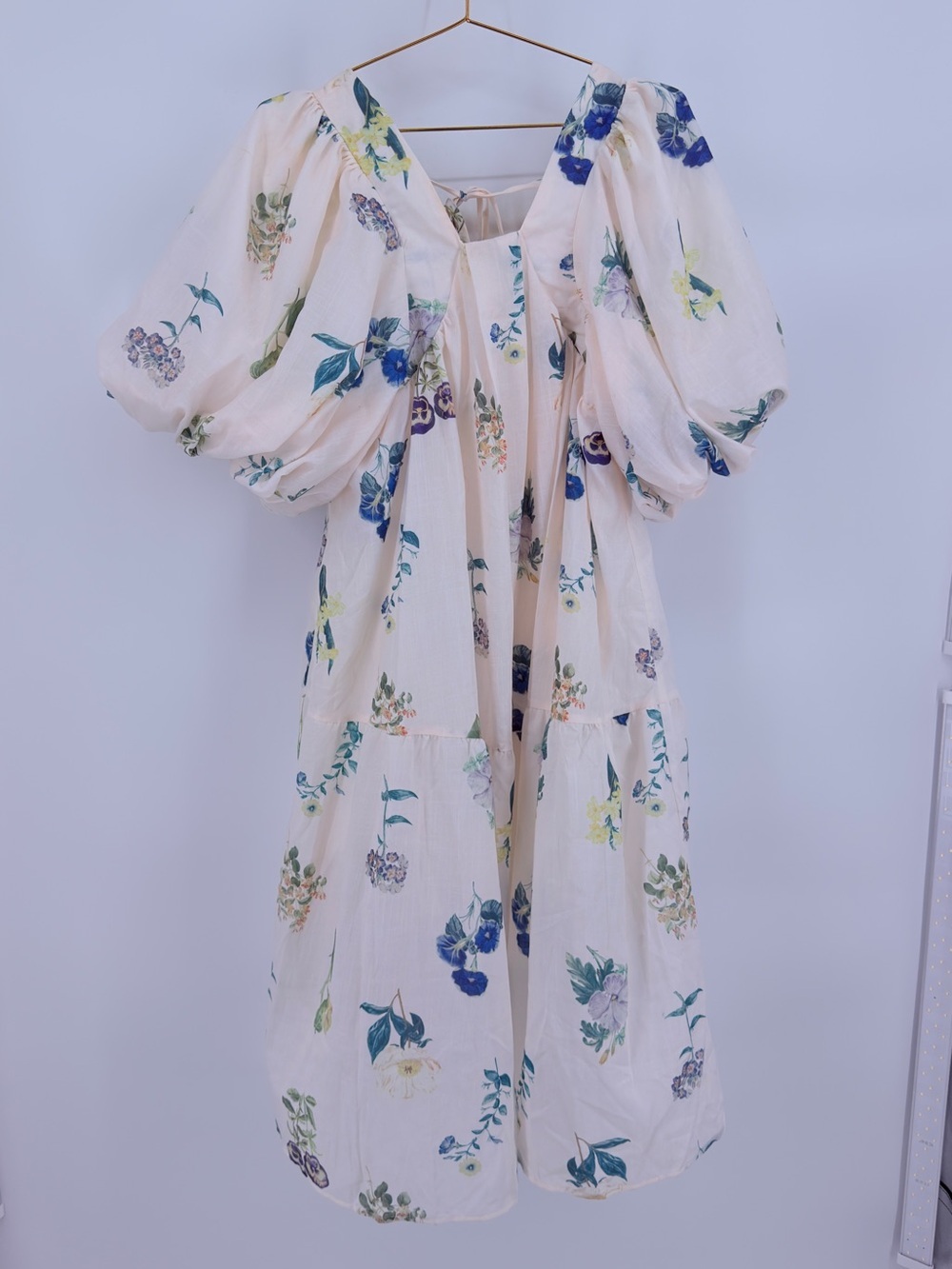 DAZY Floral Puff Sleeve Mini Dress Size S Cottagecore Tie Front Cream Blue